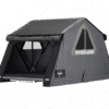 Gray Overland camping tent with an open front vestibule and rolled awning at the top.
