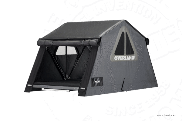 Gray Overland camping tent with an open front vestibule and rolled awning at the top.