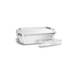 Rectangular stainless steel lunch box with a hinged lid and side latches for secure closure.