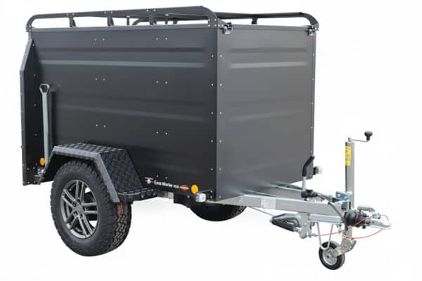 Grey utility trailer with enclosed cargo box, single axle, and front hitch for towing.