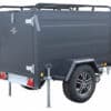 Dark gray utility cargo trailer with a tall enclosed box, single axle, and stabilizing legs under a rugged tire.