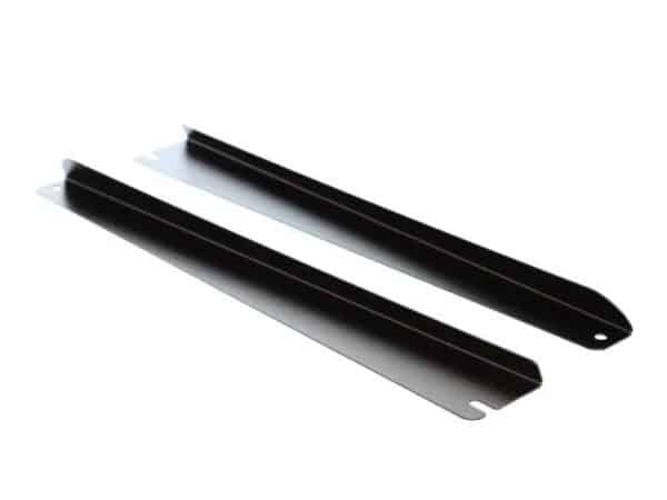 Two black metal mounting rails laid parallel, with curved ends, viewed from an angle.