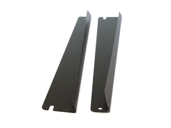 Pair of black metal L-shaped shelf brackets with mounting holes for wall installation