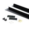 Pair of black metal mounting rails with accompanying screws, nuts, and washers laid out on white background.