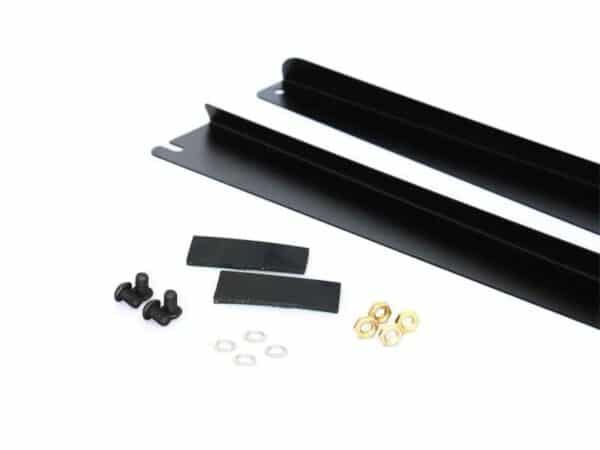 Pair of black metal mounting rails with accompanying screws, nuts, and washers laid out on white background.