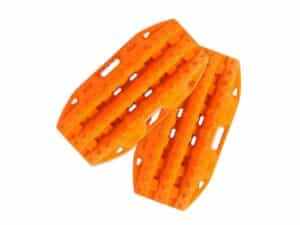 Orange toy crawler tracks or treads laid flat, showing hollow links and grip ridges on bright orange plastic.