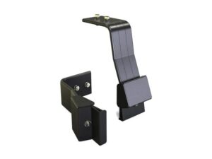 Disassembled black metal mounting bracket with a curved arm and two clamp blocks.