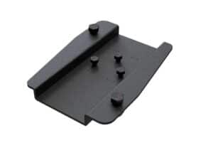 Black metal mounting plate with four hex knobs and raised side rails, viewed from above