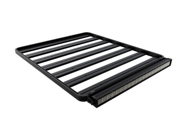 Black roof rack frame with multiple crossbars and an integrated LED light bar along the edge