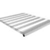 Metal slatted bed frame with wheels, viewed from above, without a mattress.
