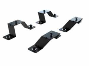 Five black metal adjustable mounting brackets with bolts laid out on a white background