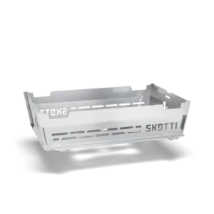 Stainless steel rectangular grill frame labeled SKOTTI with side rails and vertical ventilation slots on the sides.