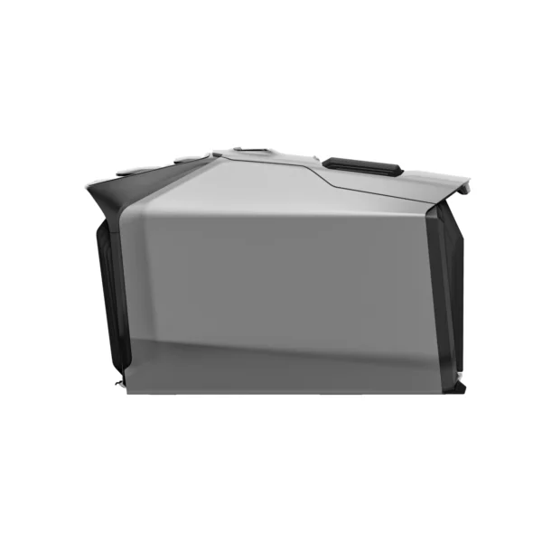 Side view of a gray printer with a top lid and paper output tray.